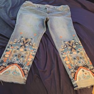 Laurie Felt Daisy Denim Cropped Slim Leg Embroidered Jeans Size 26W